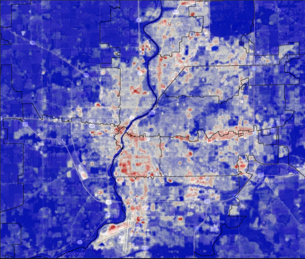 Urban heat island map of Rockford, IL